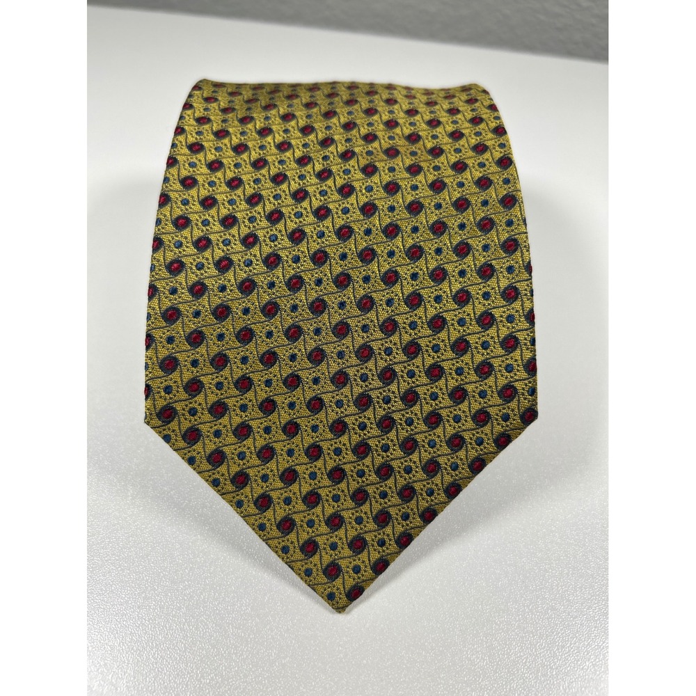 Massimo Livio Mens Silk Tie Gold Burgundy Red Geometric Medallion Made in Italy